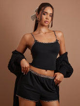 COSMINA Women's Leopard Print Trim Camisole And Super Short Shorts 2-Piece Set, Black